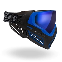 A Virtue VIO Ascend paintball mask in the Blue Ice colorway. The goggle is black with blue accents, and comes with an Ice mirrored thermal lens.