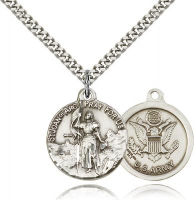 Sterling Silver St. Joan of Arc Army Pendant, Stainless Silver Heavy Curb Chain, 7/8" x 3/4"