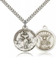 Sterling Silver St. Joan of Arc Navy Pendant, Stainless Silver Heavy Curb Chain, 7/8" x 3/4"
