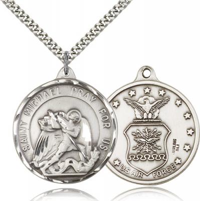 Sterling Silver St. Michael / Air Force Pendant, Stainless Silver Heavy Curb Chain, 1 3/8" x 1 1/4"