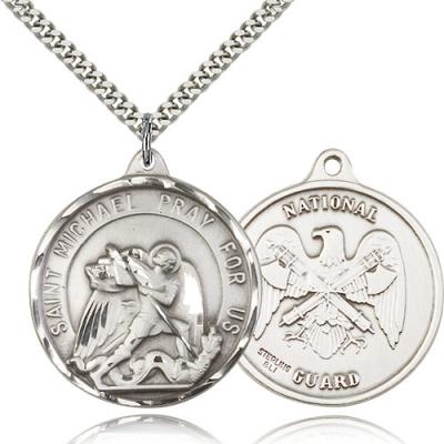 Sterling Silver St. Michael / Nat'l Guard Pendant, Stainless Silver Heavy Curb Chain, 1 3/8" x 1 1/4"