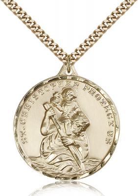 Gold Filled St. Christopher Pendant, Stainless Gold Heavy Curb Chain, 1 3/8" x 1 1/8"