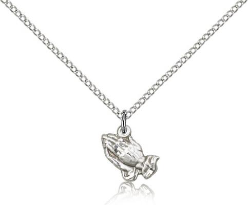 Sterling Silver Praying Hands Pendant, Sterling Silver Lite Curb Chain, 3/8" x 3/8"