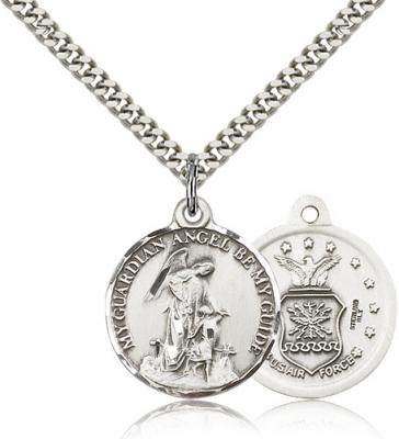 Sterling Silver Guardian Angel / Air Force Pendant, Stainless Silver Heavy Curb Chain, 7/8" x 3/4"