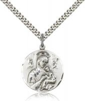Sterling Silver Our Lady of Perpetual Help Pendant, Stainless Silver Heavy Curb Chain, 7/8" x 3/4"