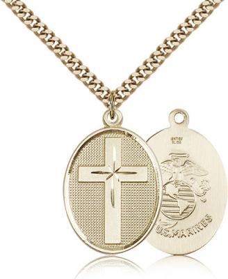 Gold Filled Cross / Marines Pendant, Stainless Gold Heavy Curb Chain, 1 1/8" x 3/4"