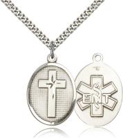 Sterling Silver Cross / Emt Pendant, Stainless Silver Heavy Curb Chain, 1 1/8" x 3/4"