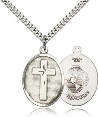 Sterling Silver Cross / Marines Pendant, Stainless Silver Heavy Curb Chain, 1" x 3/4"