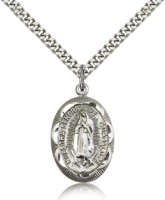 Sterling Silver Our Lady of Guadalupe Pendant, Stainless Silver Heavy Curb Chain, 1" x 5/8"