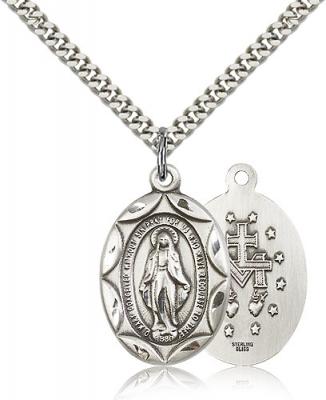 Sterling Silver Miraculous Pendant, Stainless Silver Heavy Curb Chain, 1" x 5/8"