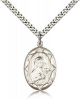 Sterling Silver St. Theresa Pendant, Stainless Silver Heavy Curb Chain, 1" x 5/8"