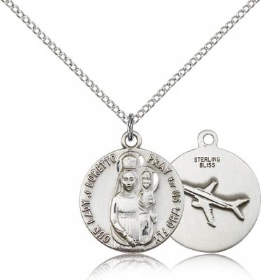 Sterling Silver Our Lady of Loretto Pendant, Sterling Silver Lite Curb Chain, 3/4" x 5/8"