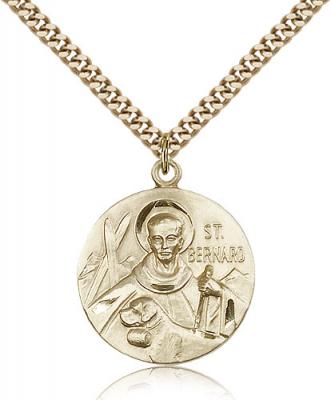 Gold Filled St. Bernard of Clairvaux Pendant, Stainless Gold Heavy Curb Chain, 1" x 7/8"