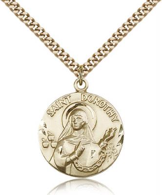 Gold Filled St. Dorothy Pendant, Stainless Gold Heavy Curb Chain, 1" x 7/8"