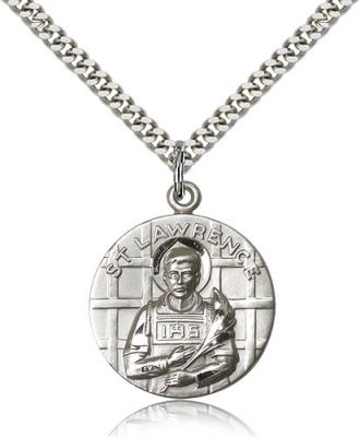 Sterling Silver St. Lawrence Pendant, Stainless Silver Heavy Curb Chain, 1" x 7/8"