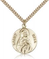 Gold Filled St. Rita of Cascia Pendant, Stainless Gold Heavy Curb Chain, 1" x 7/8"