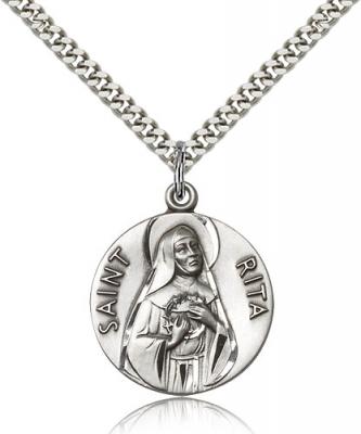 Sterling Silver St. Rita of Cascia Pendant, Stainless Silver Heavy Curb Chain, 1" x 7/8"