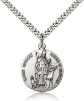 Sterling Silver St. Hubert of Liege Pendant, Stainless Silver Heavy Curb Chain, 1" x 7/8"