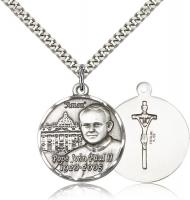 Sterling Silver Pope John Paul II Pendant, Stainless Silver Heavy Curb Chain, 1" x 7/8"
