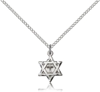 Sterling Silver Star of David W/ Cross Pendant, Stainless Silver Heavy Curb Chain, 7/8" x 5/8"