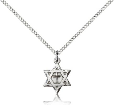 Sterling Silver Star of David W/ Cross Pendant, Sterling Silver Lite Curb Chain, 1/2" x 3/8"