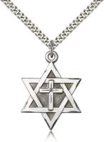Sterling Silver Star of David W/ Cross Pendant, Stainless Silver Heavy Curb Chain, 1 1/4" x 7/8"