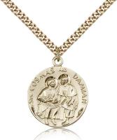 Gold Filled Sts. Cosmos & Damian Pendant, Stainless Gold Heavy Curb Chain, 1" x 7/8"
