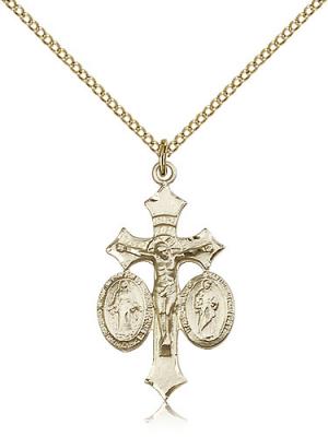 Gold Filled Jesus, Mary & Joseph Pendant, Gold Filled Lite Curb Chain, 1 1/8" x 5/8"