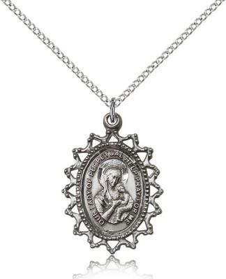 Sterling Silver Our Lady of Perpetual Help Pendant, Sterling Silver Lite Curb Chain, 1" x 3/4"