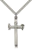 Sterling Silver Carpenter Cross Pendant, Stainless Silver Heavy Curb Chain, 1 3/8" x 3/4"
