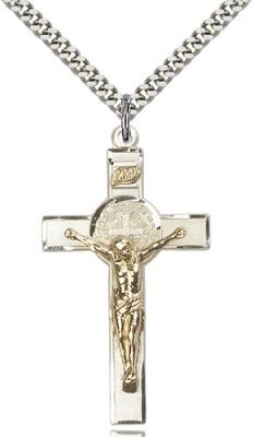 Two-Tone GF/SS St. Benedict Crucifix Pendant, Stainless Silver Heavy Curb Chain, 1 3/4" x 1"