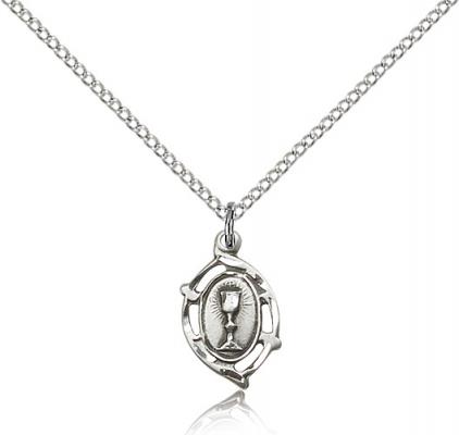 Sterling Silver Communion Pendant, Sterling Silver Lite Curb Chain, 5/8" x 3/8"