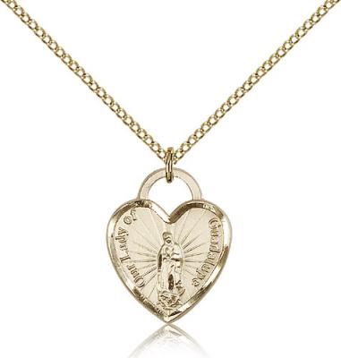 Gold Filled Our Lady of Guadalupe Heart Pendant, Gold Filled Lite Curb Chain, 3/4" x 5/8"