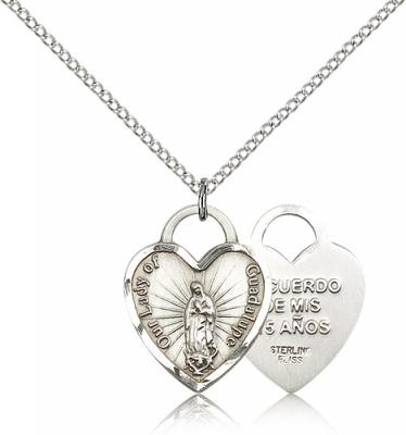 Sterling Silver Our Lady of Guadalupe Heart Pendant, Sterling Silver Lite Curb Chain, 3/4" x 5/8"