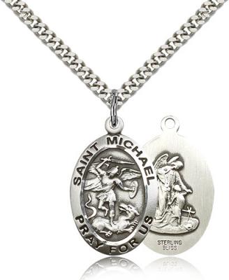 Sterling Silver St. Michael the Archangel Pendant, Stainless Silver Heavy Curb Chain, 1" x 5/8"