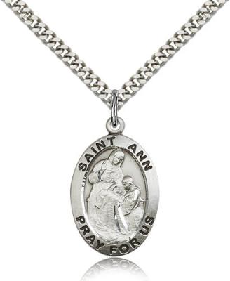 Sterling Silver St. Ann Pendant, Stainless Silver Heavy Curb Chain, 1" x 5/8"