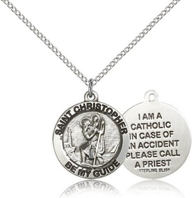 Sterling Silver St. Christopher Pendant, Stainless Silver Lite Curb Chain, 3/4" x 3/4"
