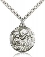 Sterling Silver St. Joseph Pendant, Stainless Silver Heavy Curb Chain, 1 1/8" x 7/8"