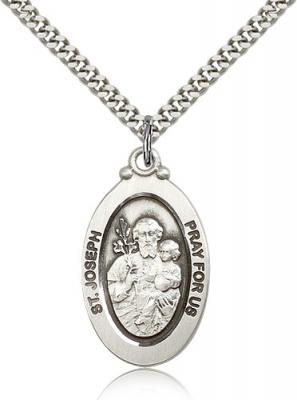 Sterling Silver St. Joseph Pendant, Stainless Silver Heavy Curb Chain, 1 1/8" x 5/8"