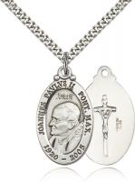 Sterling Silver Pope John Paul II Pendant, Stainless Silver Heavy Curb Chain, 1 1/8" x 3/4"