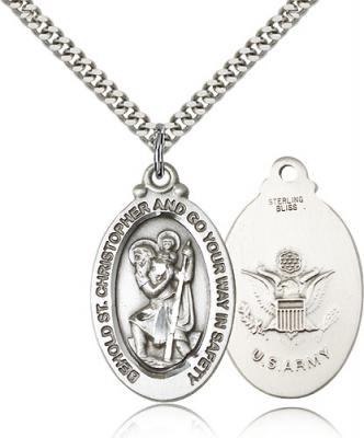 Sterling Silver St. Christopher Army Pendant, Stainless Silver Heavy Curb Chain, 1 1/8" x 5/8"
