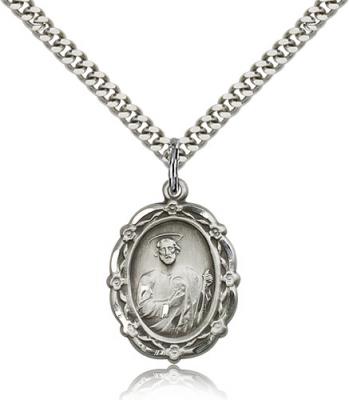 Sterling Silver St. Jude Pendant, Stainless Silver Heavy Curb Chain, 7/8" x 5/8"