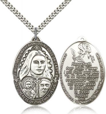 Sterling Silver St. Therese Pendant, Stainless Silver Heavy Curb Chain, 1 3/8" x 1"