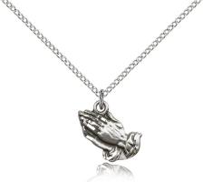 Sterling Silver Praying Hands Pendant, Sterling Silver Lite Curb Chain, 1/2" x 1/2"