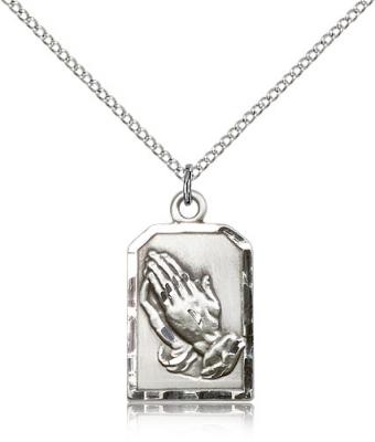 Sterling Silver Praying Hands Pendant, Sterling Silver Lite Curb Chain, 7/8" x 1/2"