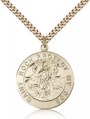 Gold Filled St. Roch Pendant, Stainless Gold Heavy Curb Chain, 1 1/8" x 1"