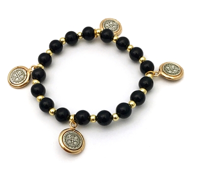 Saint Benedict Charm Bracelet with Black and Gold Beads 48-840