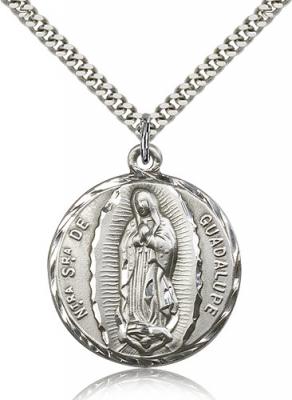Sterling Silver Our Lady of Guadalupe Pendant, Stainless Silver Heavy Curb Chain, 1 1/4" x 1"