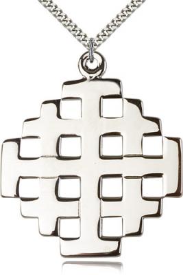 Sterling Silver Jerusalem Cross Pendant, Stainless Silver Heavy Curb Chain, 2 1/4" x 2