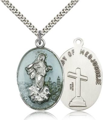 Sterling Silver Medjugorje Pendant, Stainless Silver Heavy Curb Chain, 1 3/8" x 7/8"